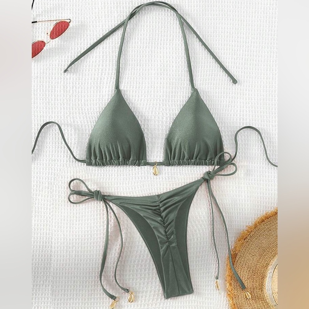 SHEIN Sage Green Ruched Tie-Side Triangle Bikini Set